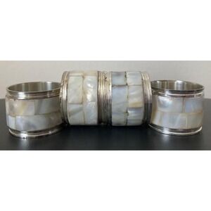 Mother of Pearl Abalone Shell Silver Tone Chrome Napkin Ring‎ Set 6 Pcs Beachy